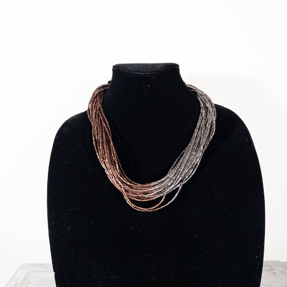 Brown Silver Beaded Multi Layer Chunky Statement Necklace - Picture 3 of 4